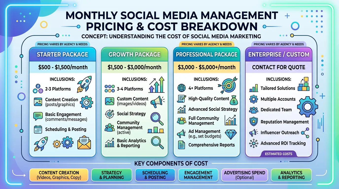 Social media marketing cost showing monthly management pricing including content creation posting and engagement