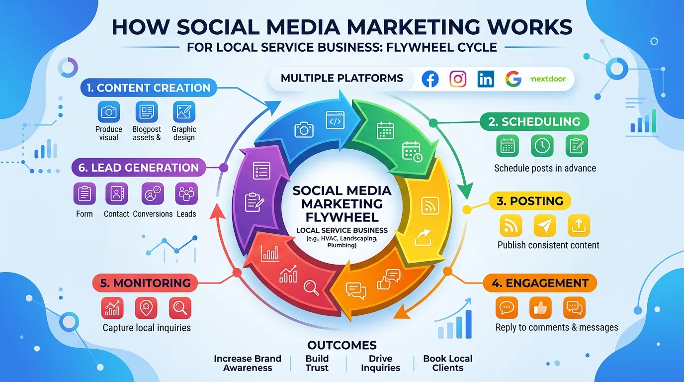 How social media marketing works showing content creation scheduling posting engagement and lead generation cycle