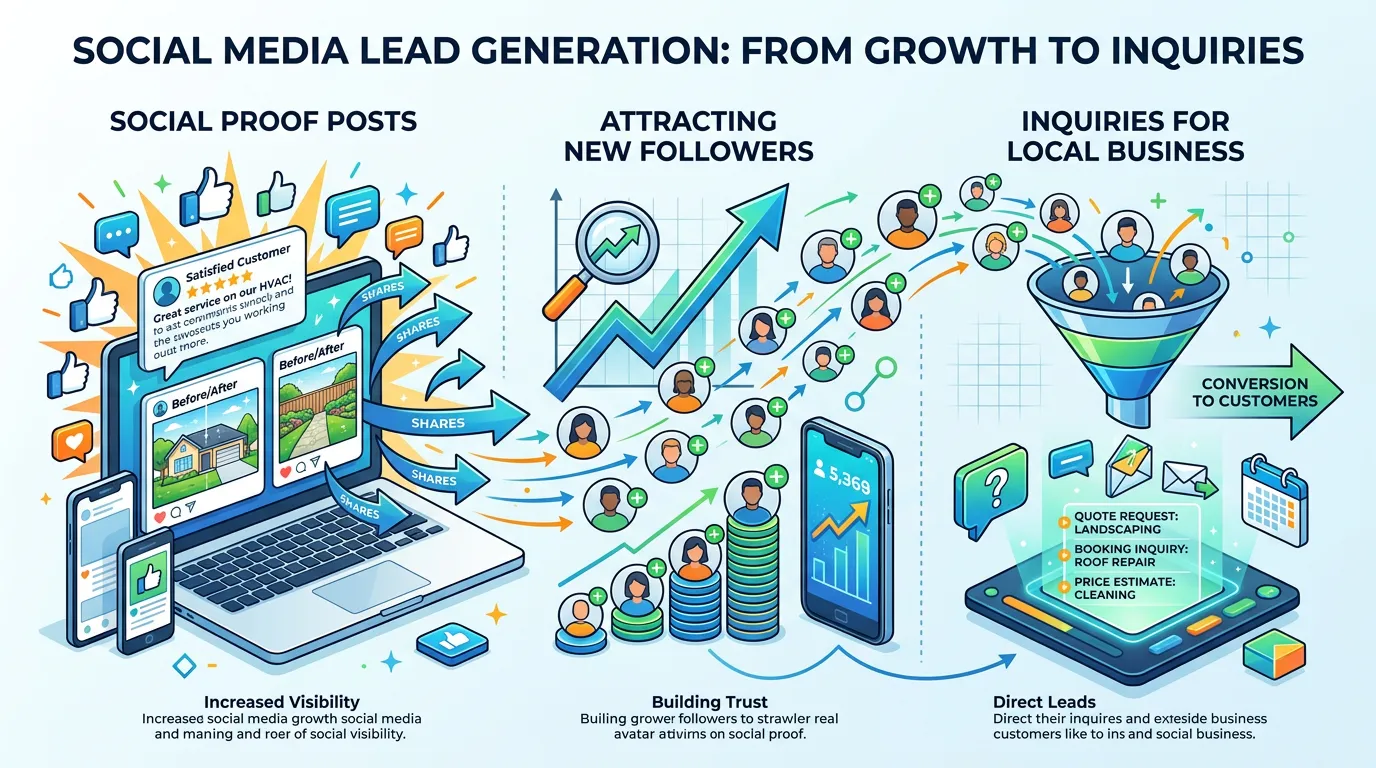 Social media lead generation showing social proof posts attracting new followers who become inquiries