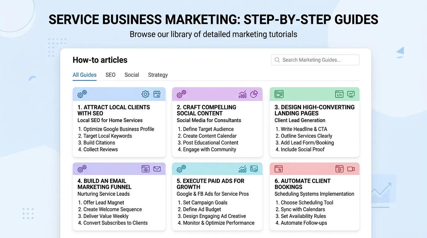How-to articles library showing step-by-step marketing guides for service businesses