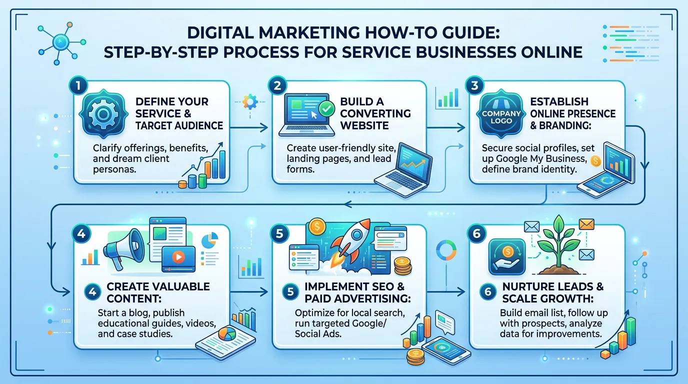 Digital marketing how-to guide showing step by step process diagram for marketing a service business online
