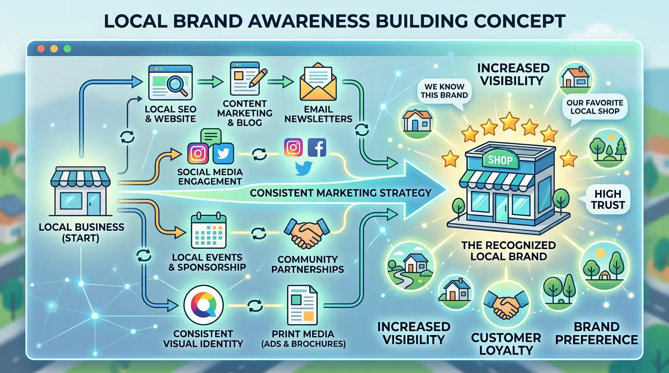 Local brand awareness showing local business becoming the recognized brand in their community through consistent marketing