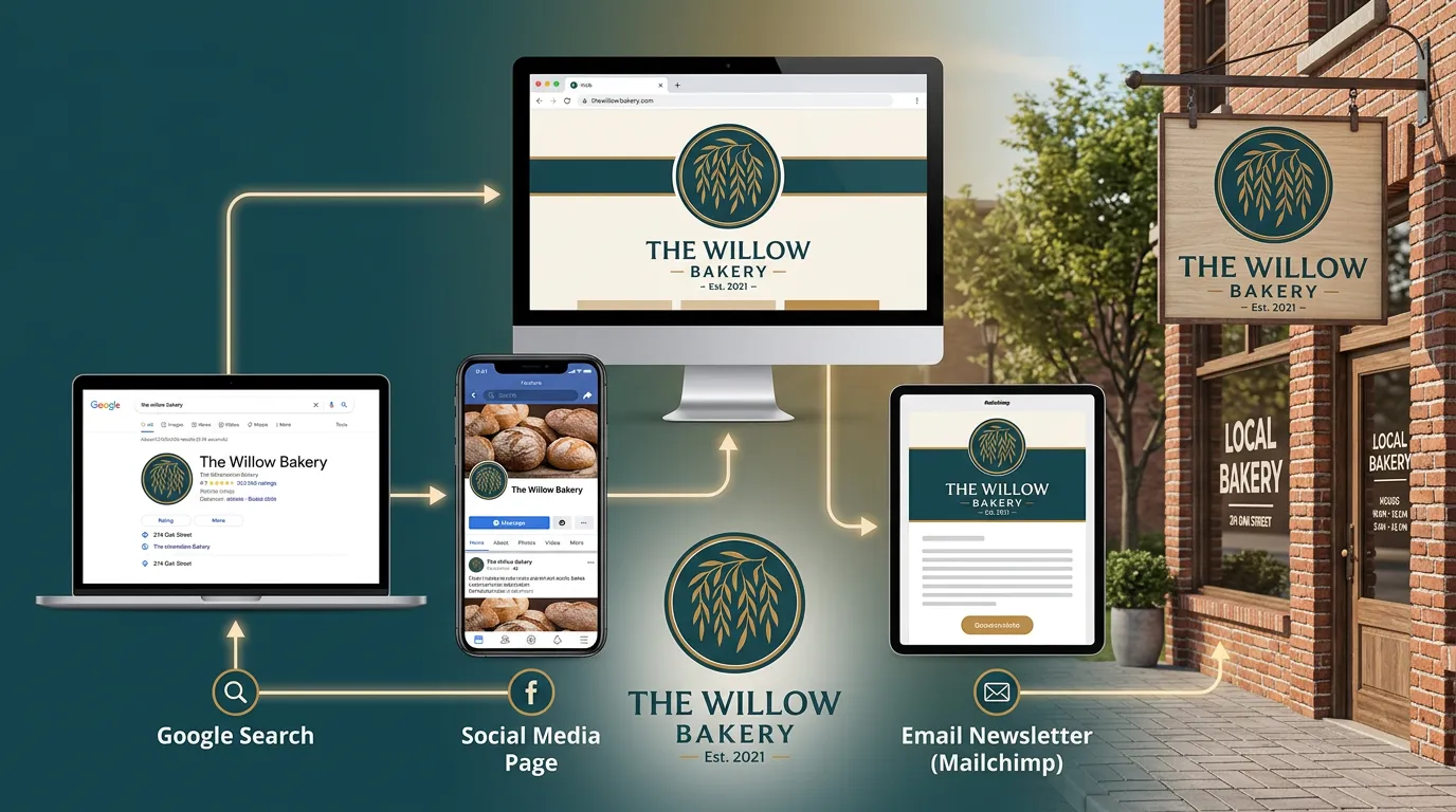 Local brand touchpoints showing business logo consistently across Google social email website and signage