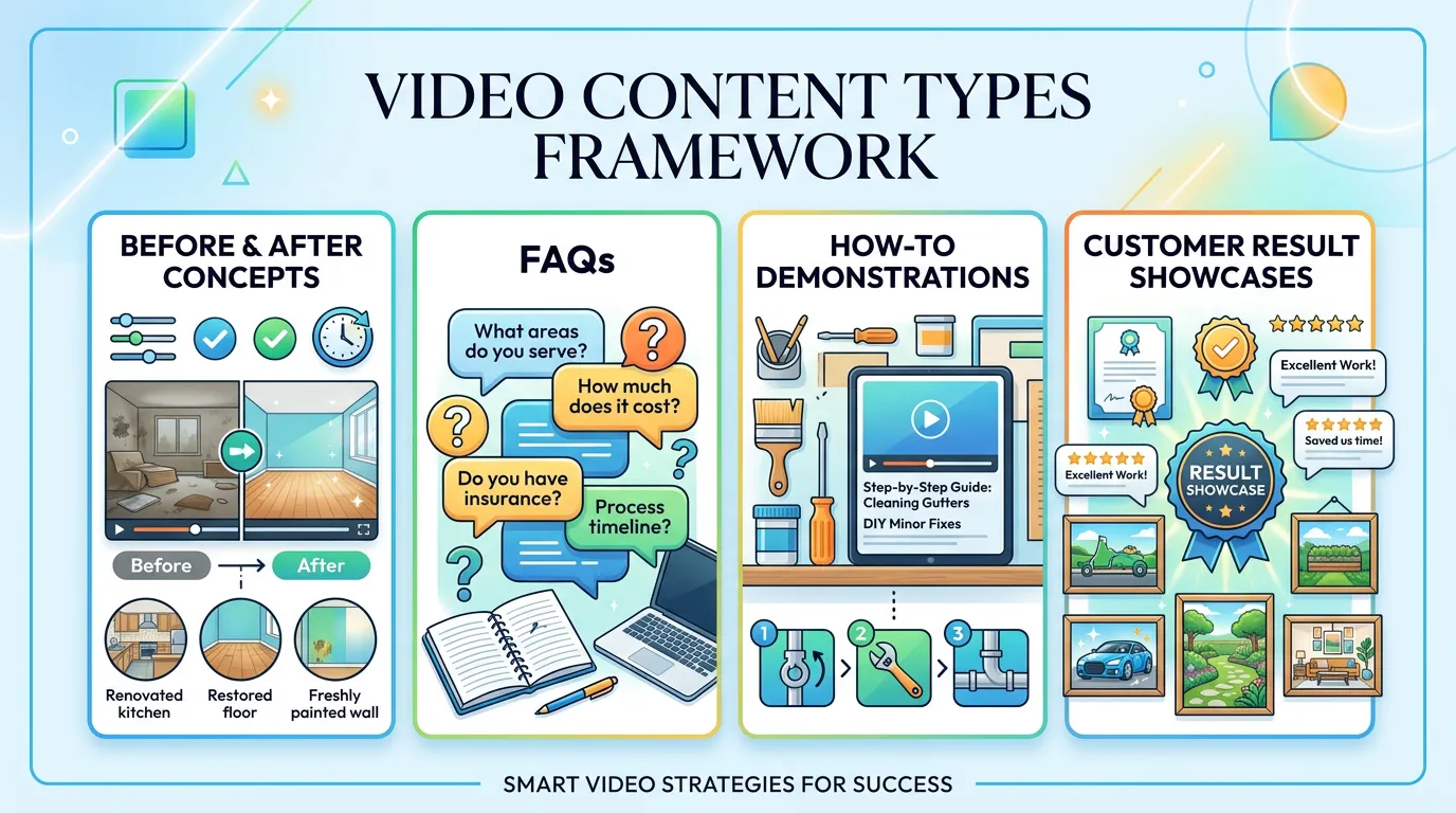 Video content types for local service business showing before and after FAQs how-to demonstrations and results