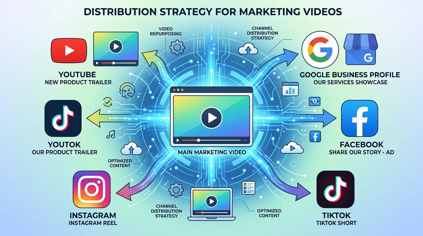 Video distribution strategy showing same video repurposed for YouTube GBP Facebook Instagram and TikTok