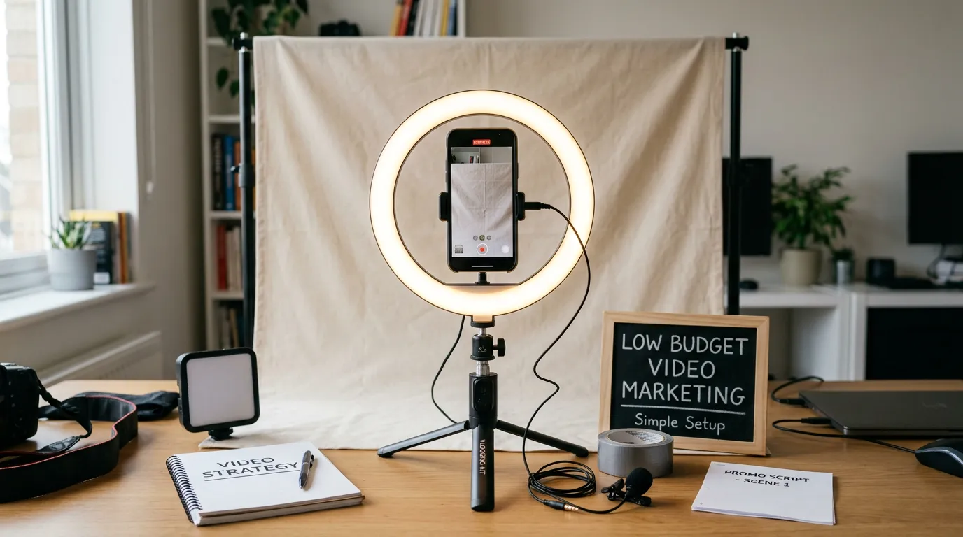 Making marketing videos on small budget showing affordable video equipment including smartphone ring light and backdrop