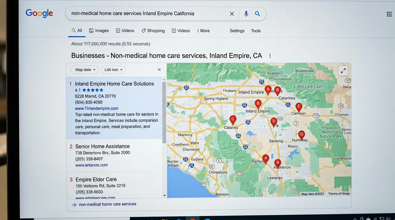 In-home care agency ranked number one in Google map pack for non-medical home care in Inland Empire
