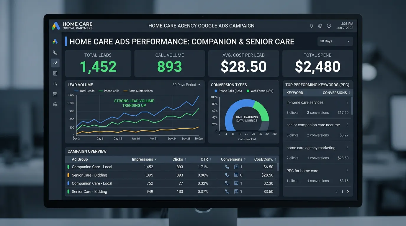 In-home care agency Google Ads campaigns for companion care with lead volume and call tracking