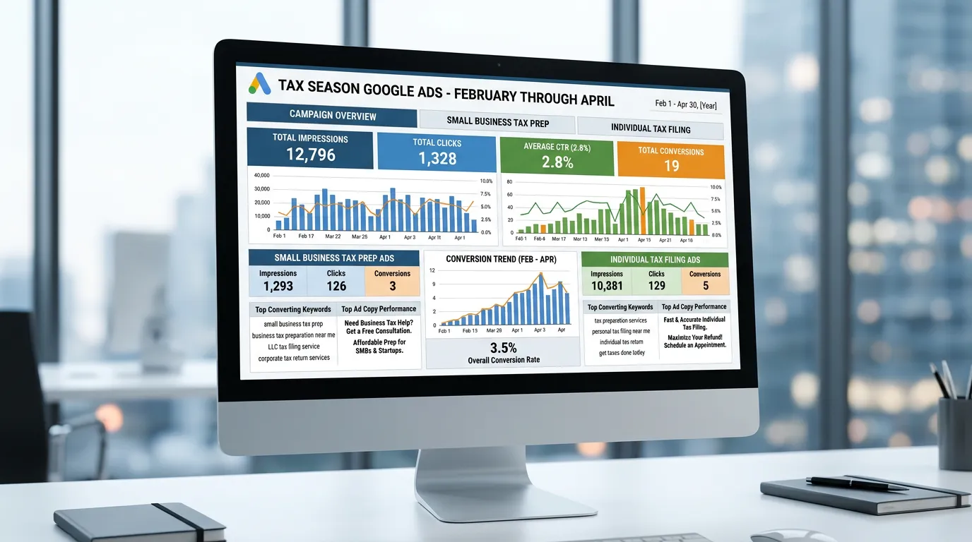 Accounting firm tax season Google Ads for small business and individual tax filing running February through April