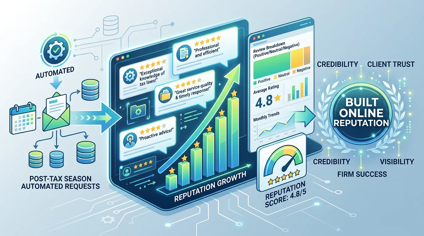 Accounting firm review system generating professional client reviews about knowledge and service quality building reputation