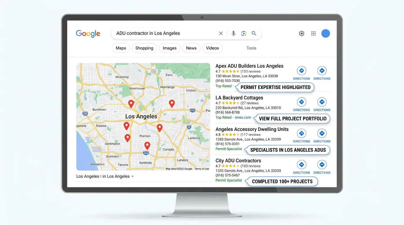 ADU builder local search result for ADU contractor with projects portfolio and permit expertise in Google local pack