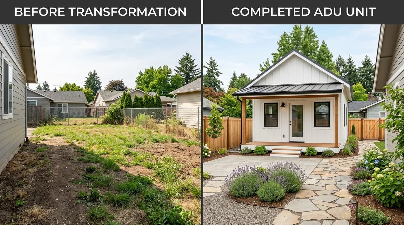 ADU builder project portfolio showing backyard transformation from empty lot to completed ADU unit before and after
