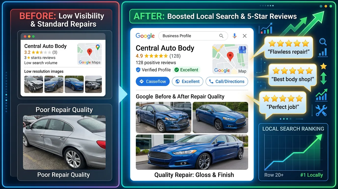 Auto body shop before and after concept showing repair photos on GBP with 5 star reviews and local search ranking improving