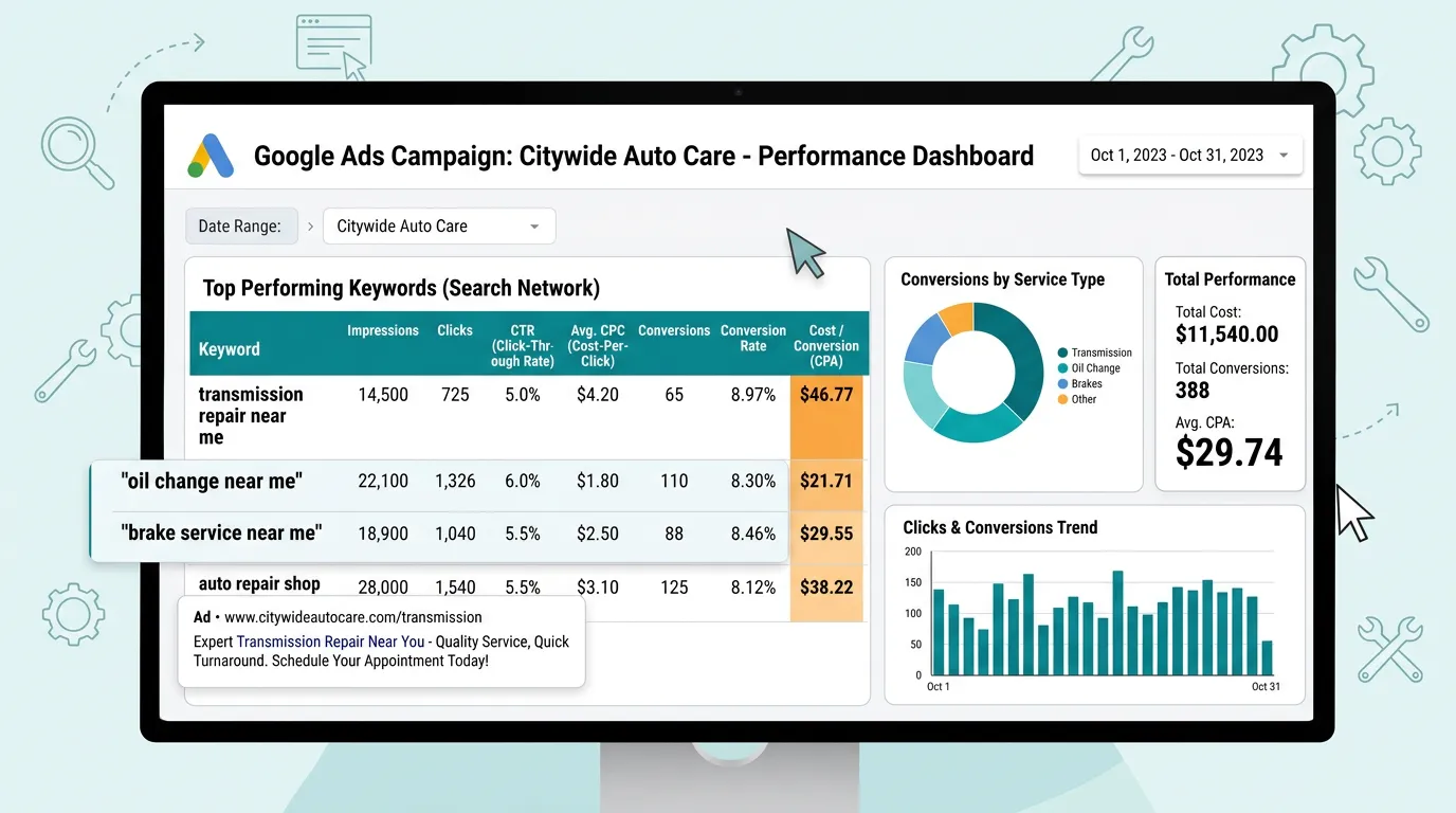 Auto repair shop PPC campaign with search ads for repair keywords driving qualified leads at competitive cost per acquisition