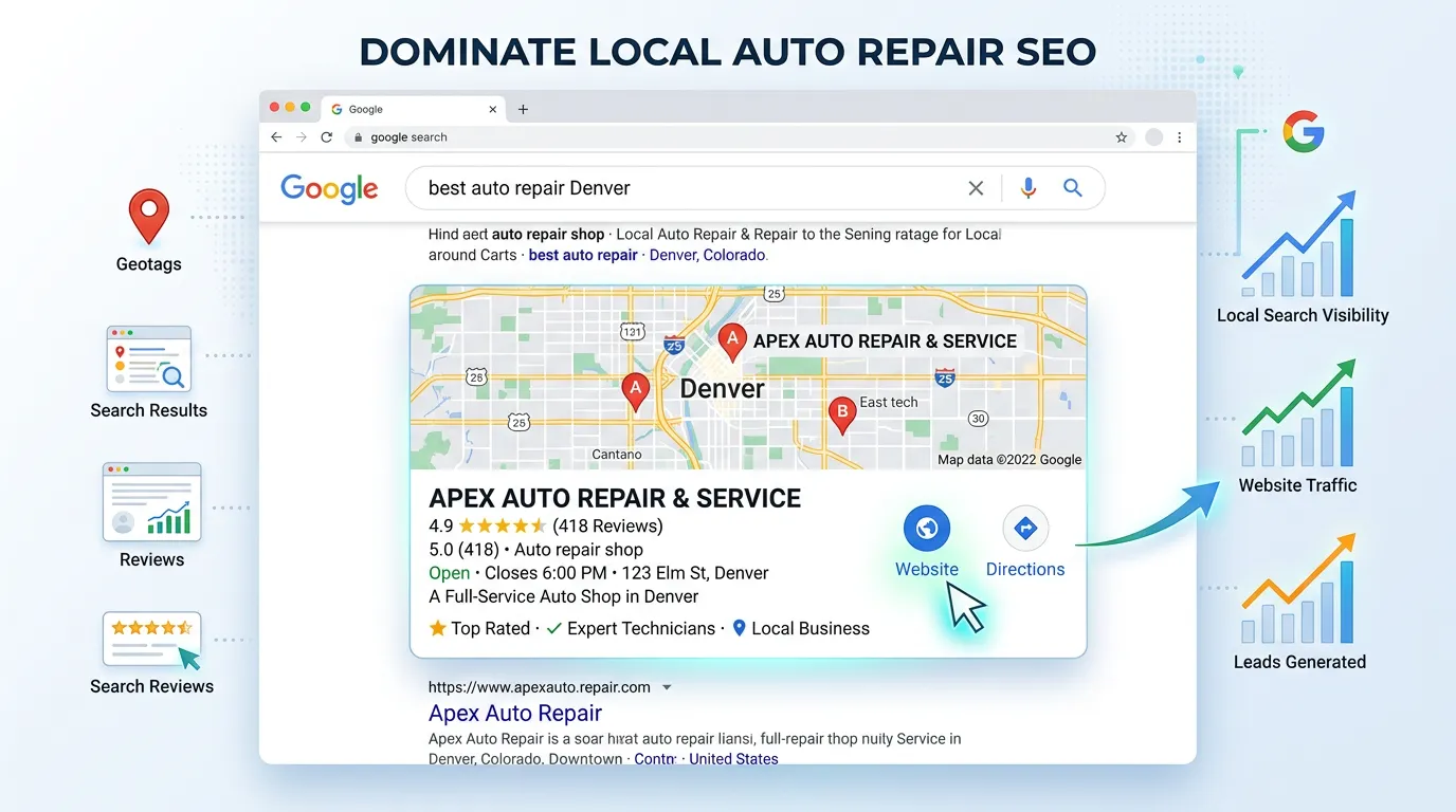 Auto repair shop marketing showing local search results with shop ranked in Google Maps local pack with positive reviews