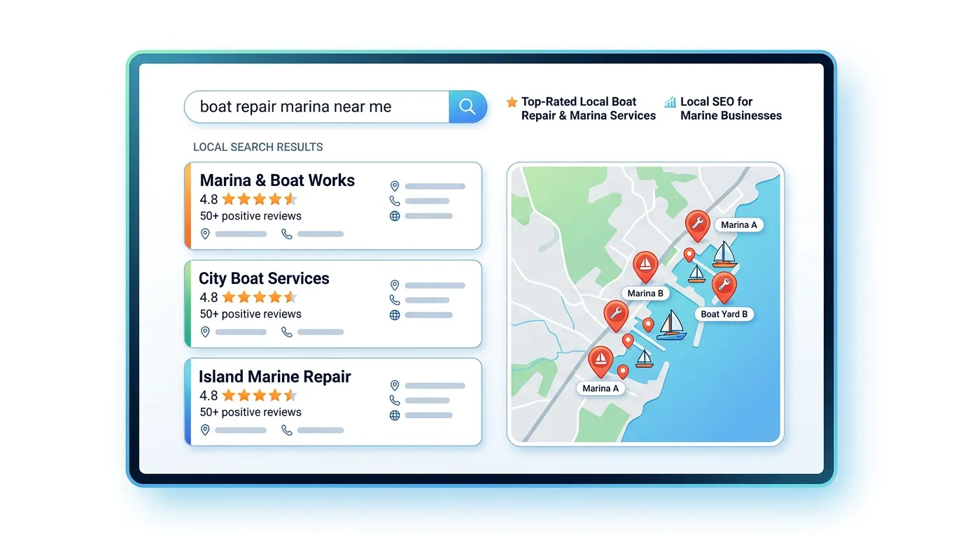 Boat and marine service local search result showing boat repair marina in top position with star ratings and map placement