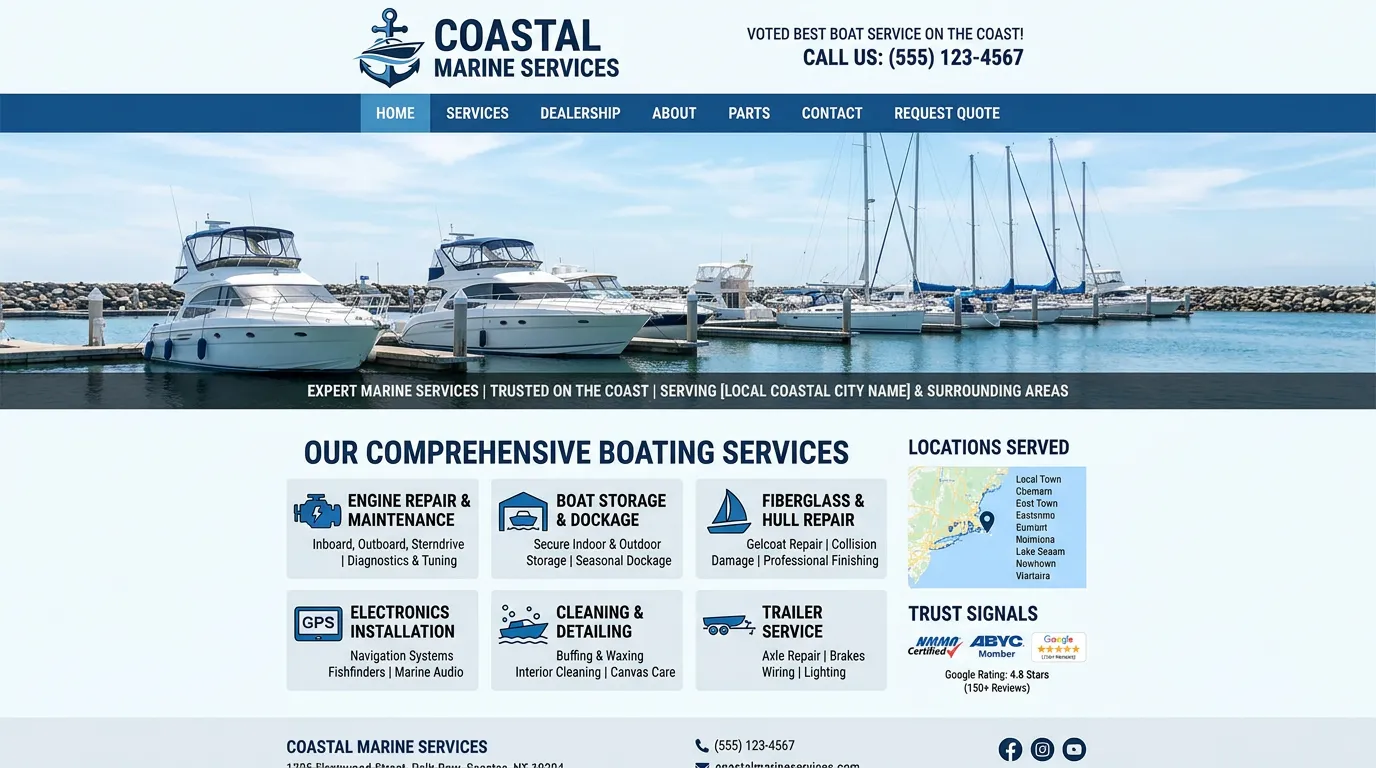 Marine boat service website optimized for local coastal search with boating services listed and trust signals