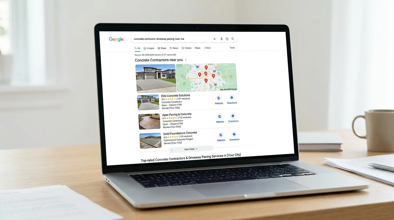 Concrete company local search result for concrete contractor driveway paving near me with project photos and 5 star reviews