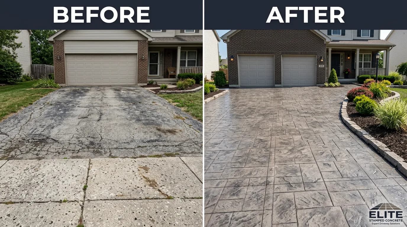 Concrete company before and after stamped concrete driveway transformation appearing on GBP and website driving inquiries