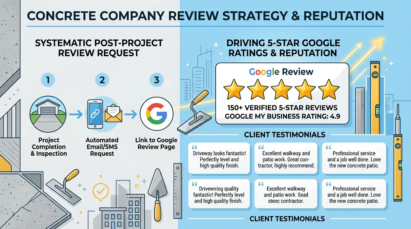 Concrete company review request system driving 5 star ratings about driveway patio and walkway quality on Google