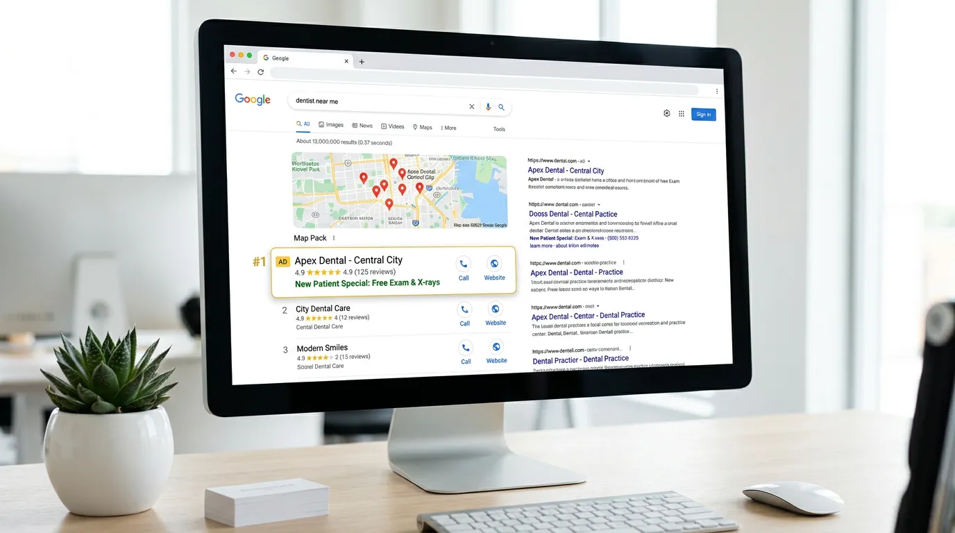 Dental office ranked position 1 for dentist near me with new patient offer and positive reviews in Google local search
