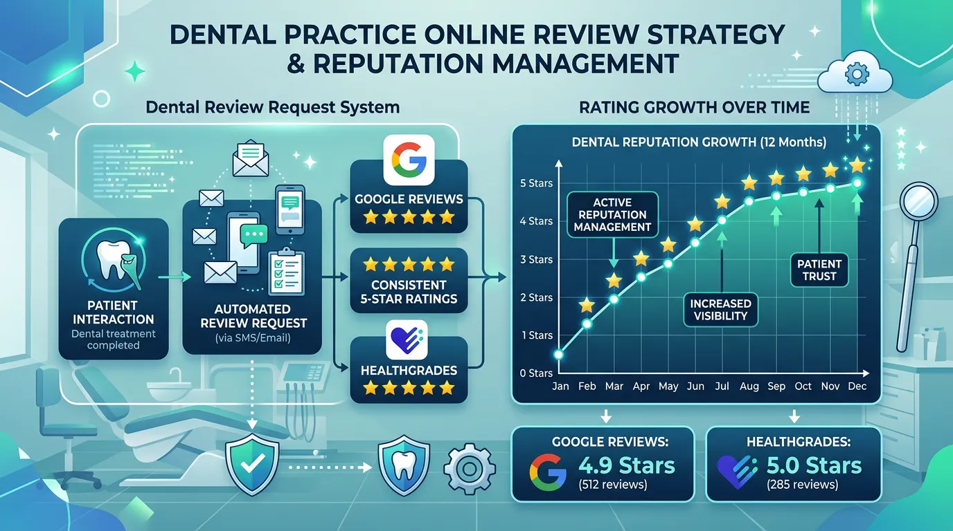 Dental practice review system generating consistent 5 star reviews on Google and Healthgrades with rating growth over time