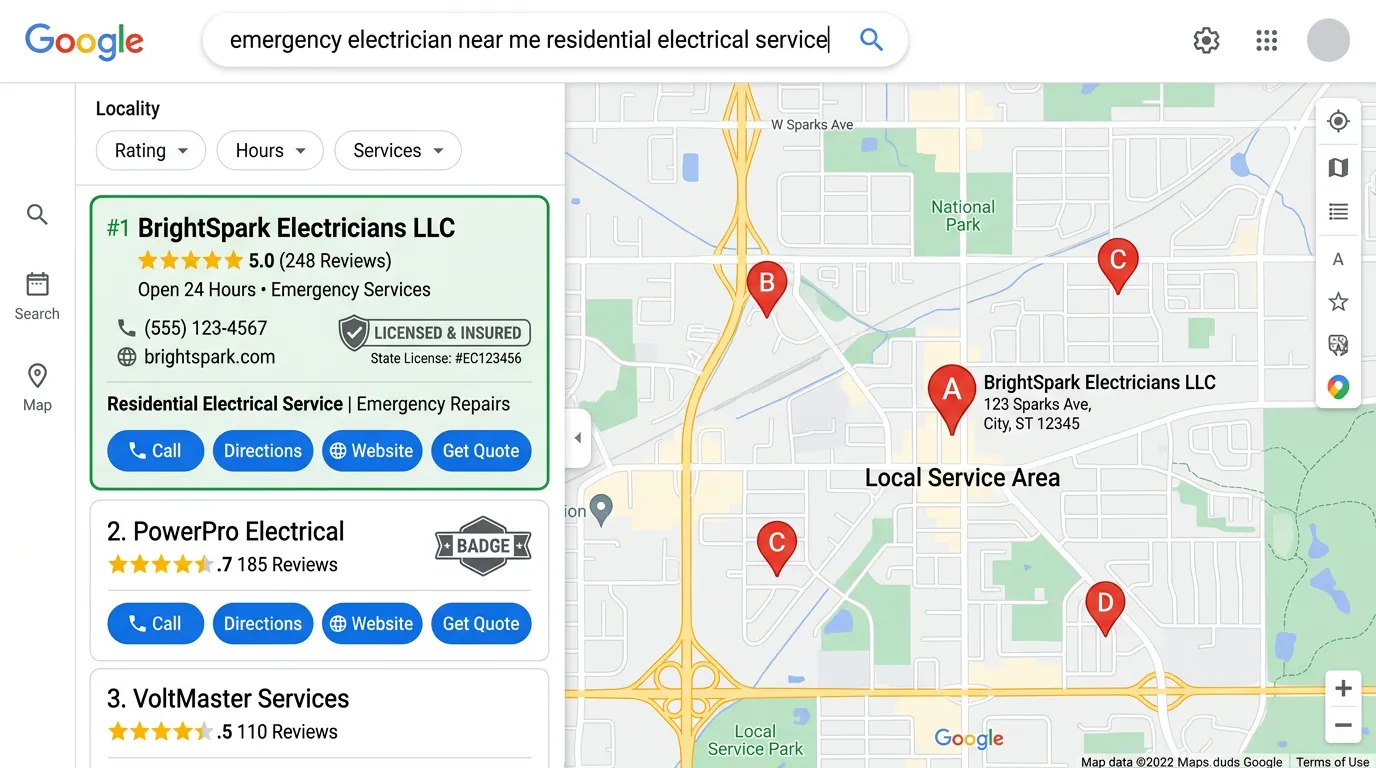 Electrical contractor ranked in Google Maps for emergency electrician near me with license badge and 5 star reviews