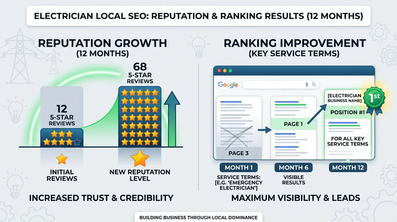 Chart illustrating five star review growth and local ranking for an electrical contractor