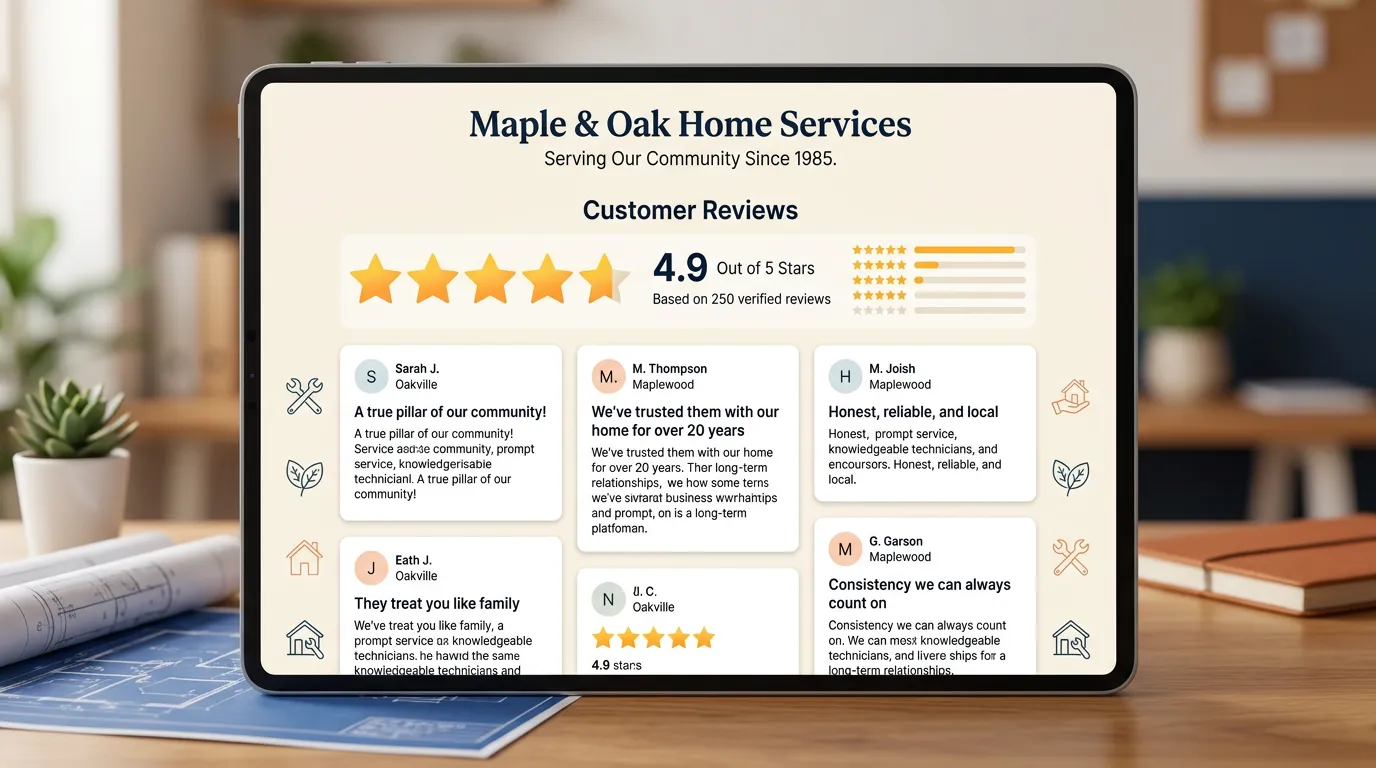 Family-owned service business showing 4.9 star rating with 250 reviews from loyal long-term customers emphasizing trust