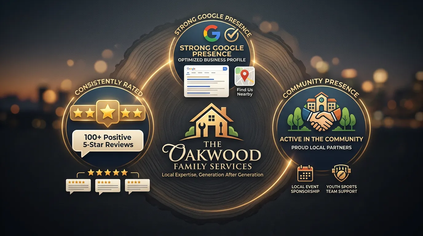 Family-owned service company marketing showing local brand building on Google with consistent reviews and community presence