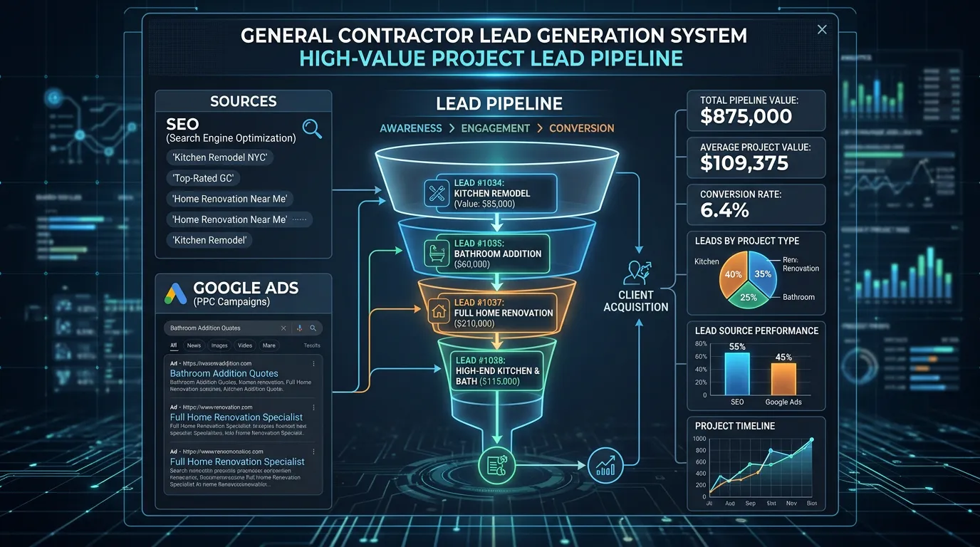 General contractor high-value project lead pipeline showing kitchen remodel bathroom addition leads from SEO and Google Ads