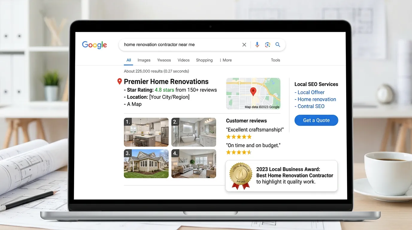 General contractor local search results with completed project photos reviews and local awards highlighting quality work