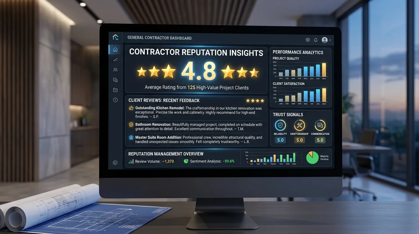 General contractor 4.8 star rating from high-value project clients with detailed reviews about kitchen and bathroom quality