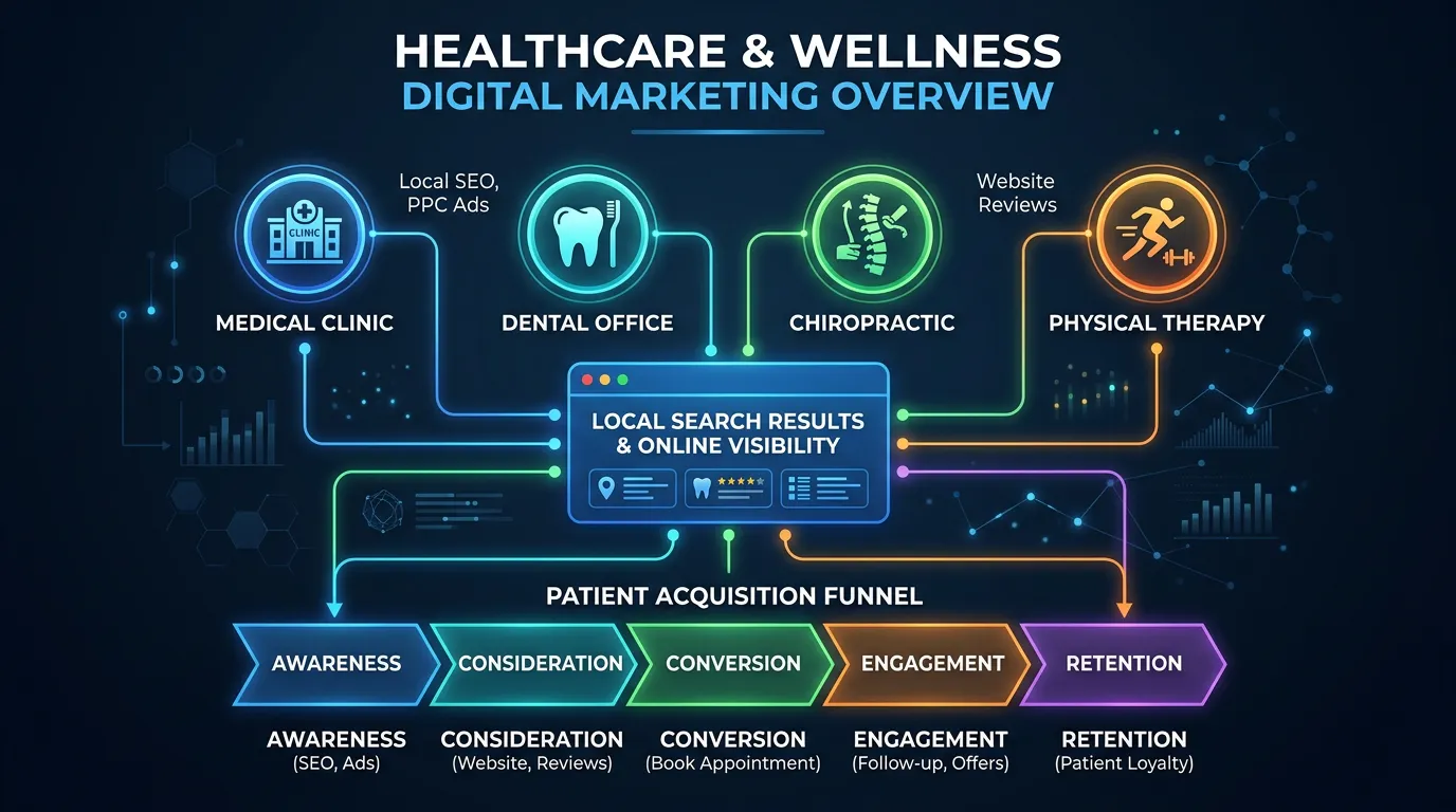 Healthcare and wellness digital marketing overview showing medical clinic dental chiropractic and PT connected to local search