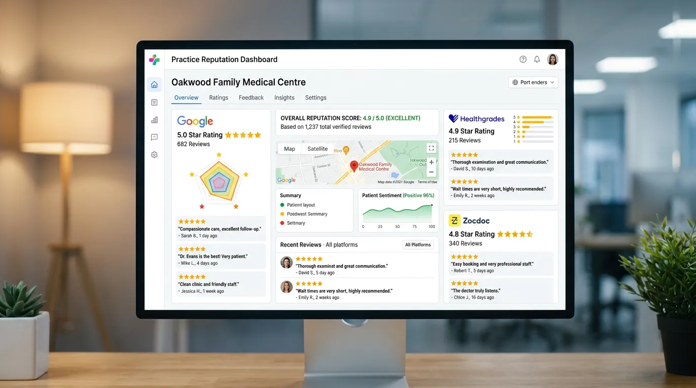 Healthcare practice online reputation showing positive patient reviews on Google Healthgrades and Zocdoc with excellent score
