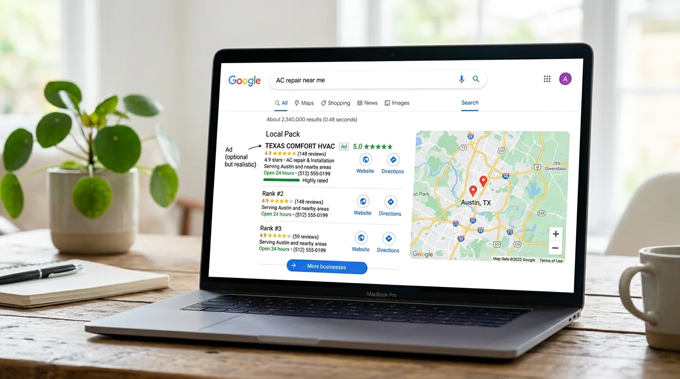 HVAC company local search result for AC repair near me with HVAC company ranked top in local pack with 5 star reviews
