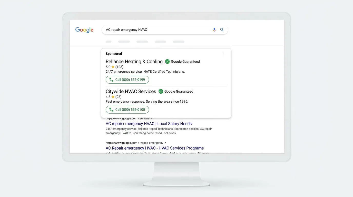 HVAC company Google Local Services Ads showing Google Guaranteed badge at top for AC repair emergency HVAC search