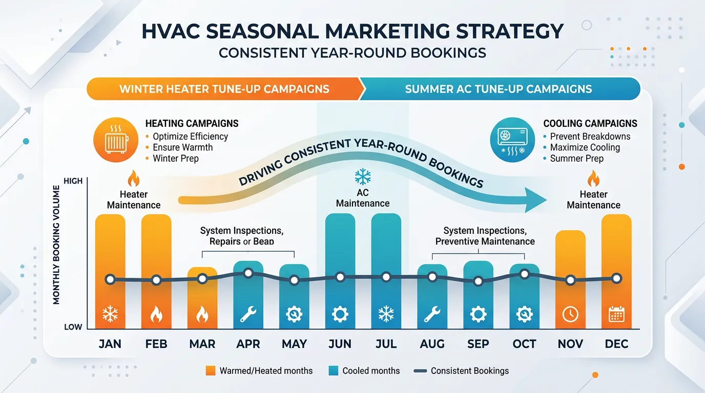 HVAC company seasonal marketing showing summer AC tune-up and winter heater tune-up campaigns driving year-round bookings