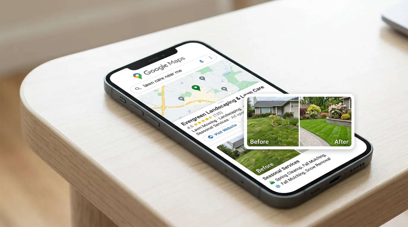 Landscaper ranked in Google Maps for lawn care near me with before-after yard transformation and seasonal service options