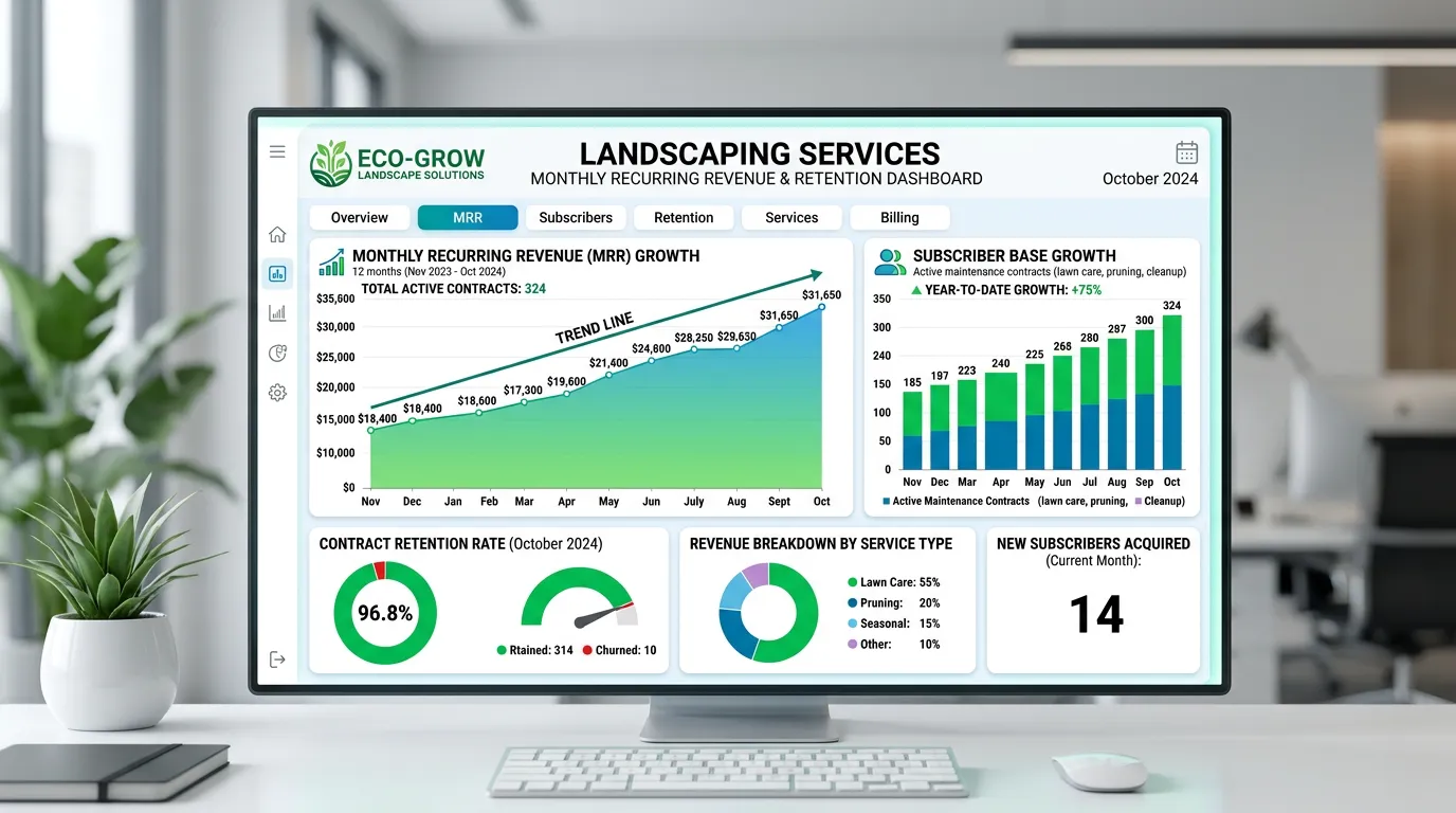 Landscaping monthly recurring service showing lawn care contract retention dashboard with growing subscriber base