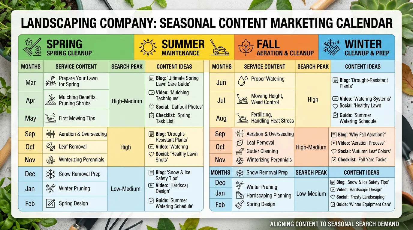 Landscaping seasonal content marketing calendar showing spring cleanup summer maintenance fall aeration and winter cleanup