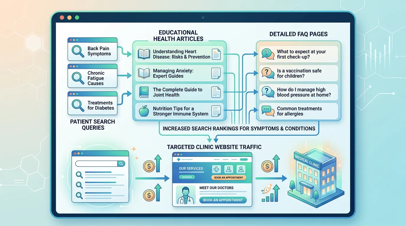 Medical clinic content marketing showing health articles and FAQ pages ranking for symptoms bringing patients to website