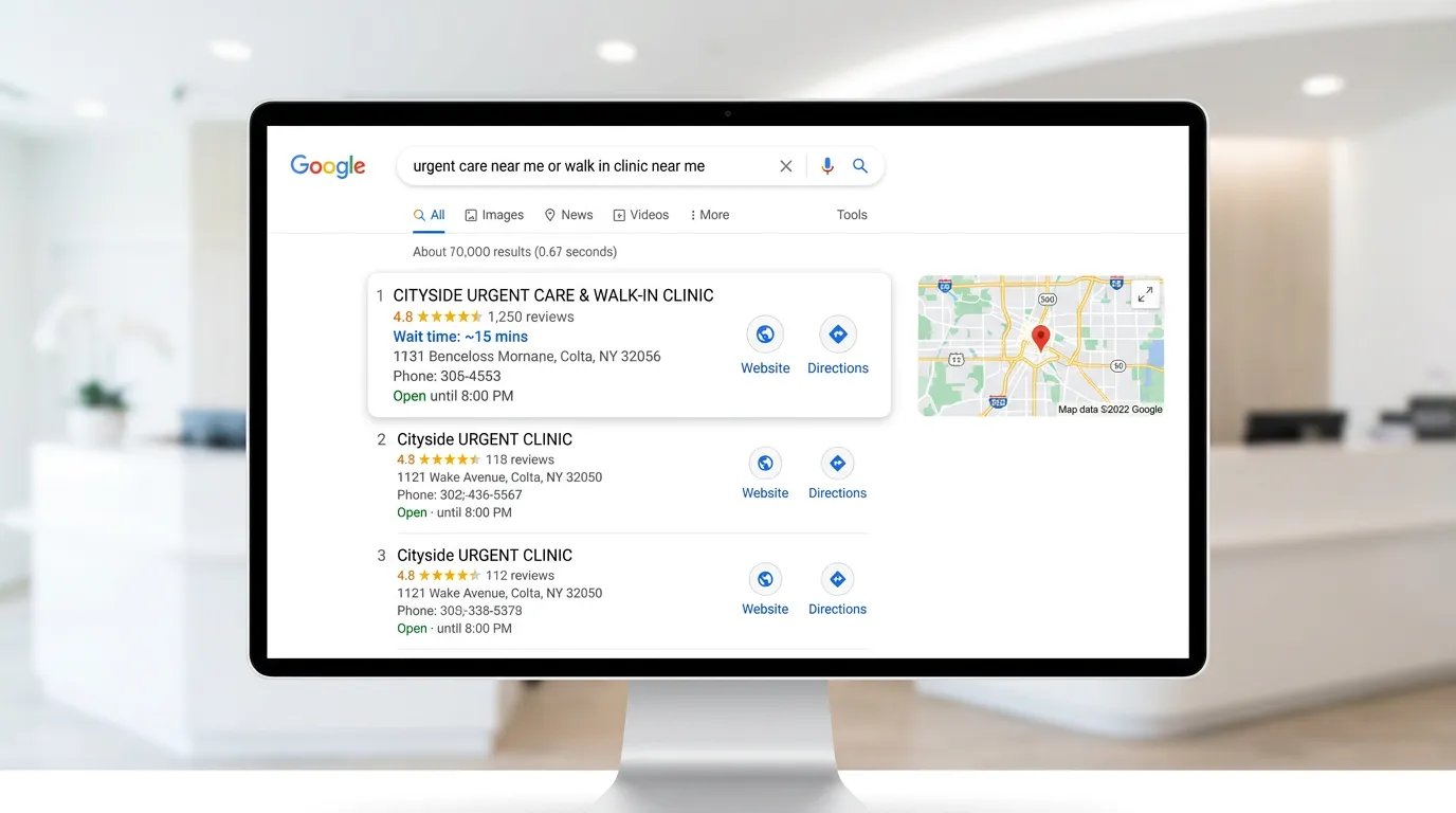 Medical clinic ranked top for urgent care near me with wait time shown and positive reviews in Google search results