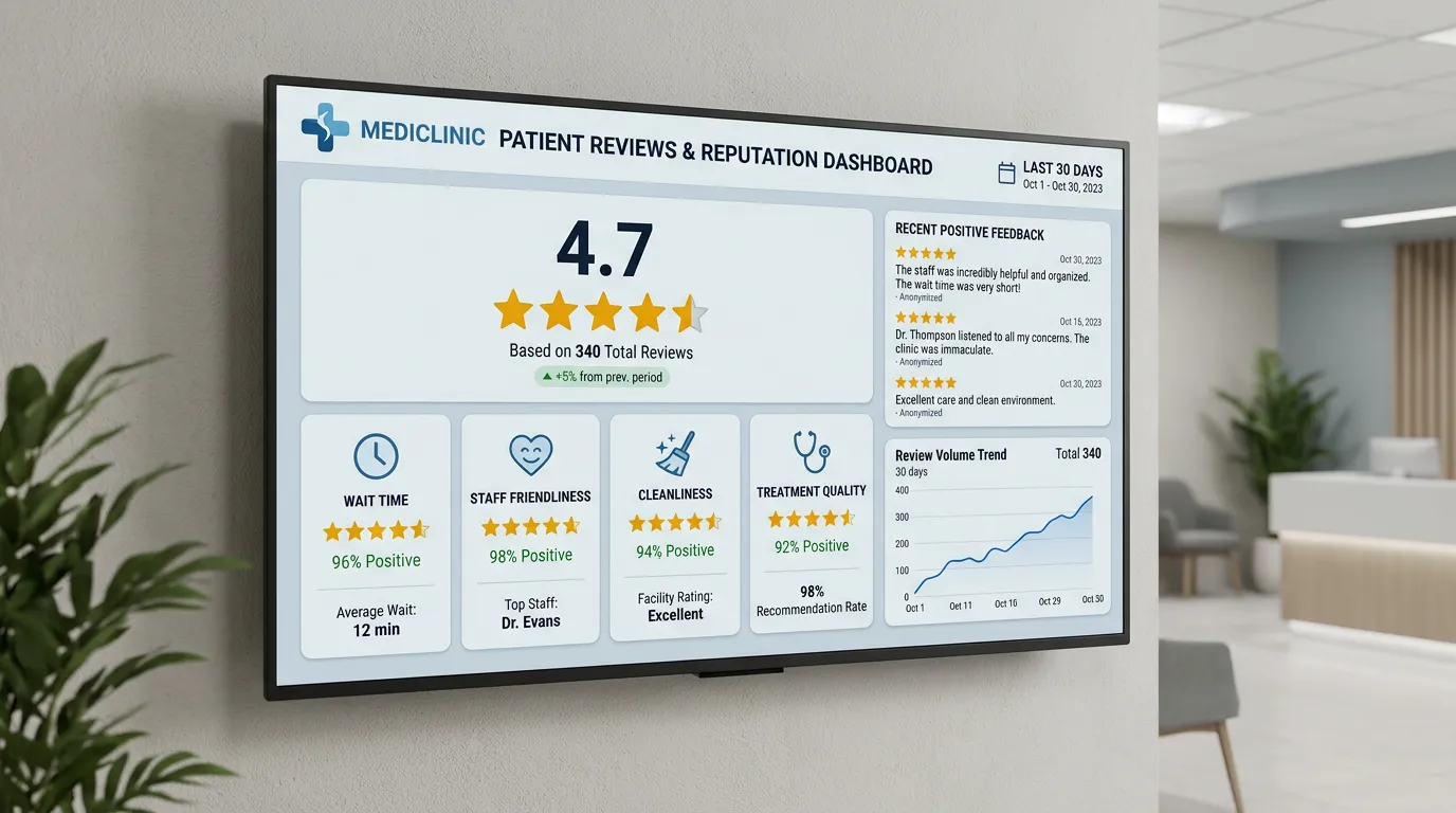 Medical clinic patient review dashboard showing 4.7 stars with positive feedback categories all scoring well