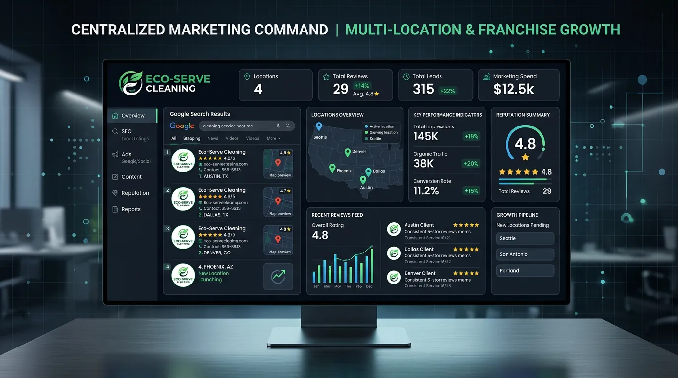 Multi-location service company with consistent branding across all locations in Google search results with centralized dashboard