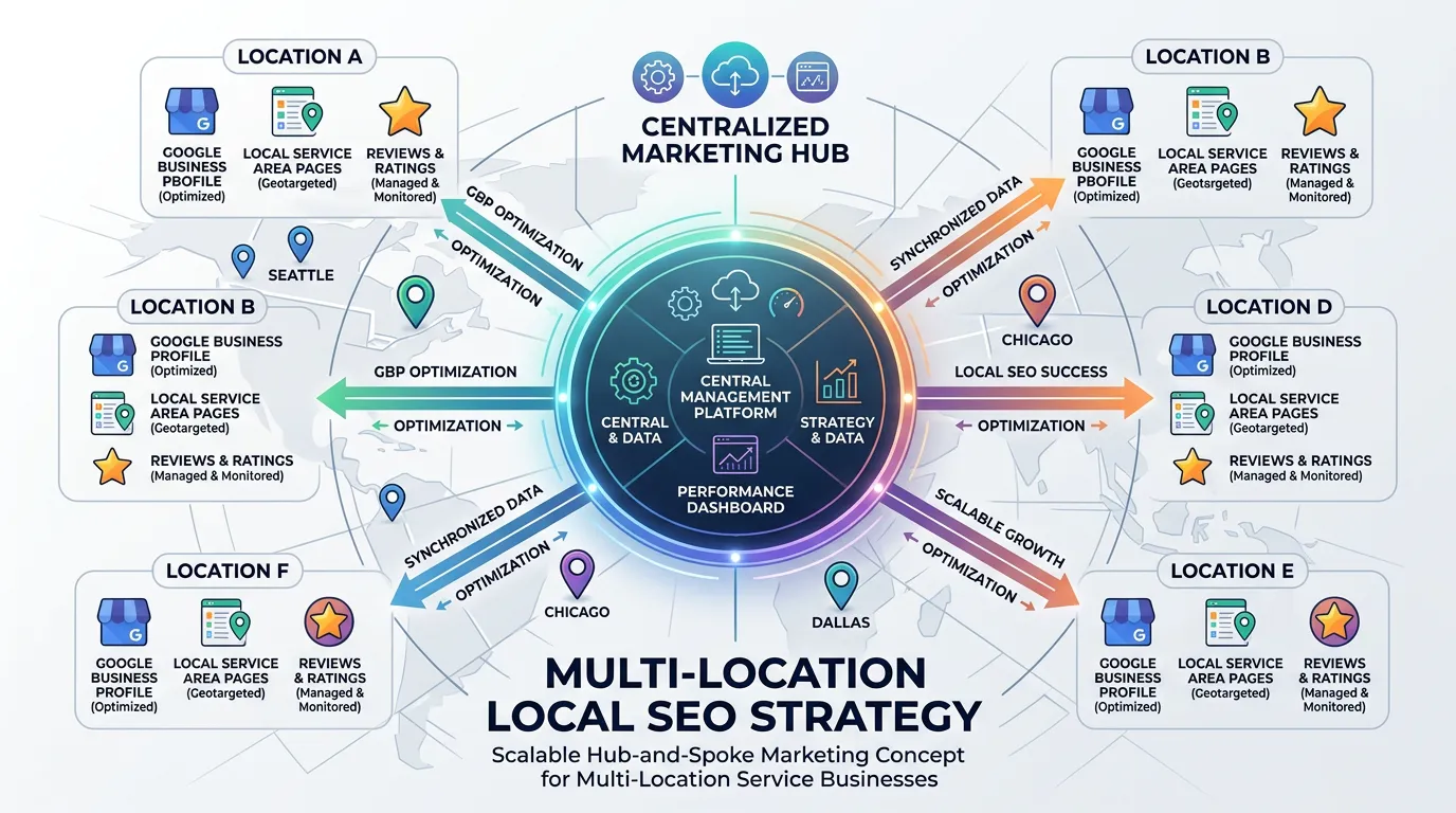 Multi-location local SEO strategy showing each location with optimized GBP service area pages and reviews managed centrally