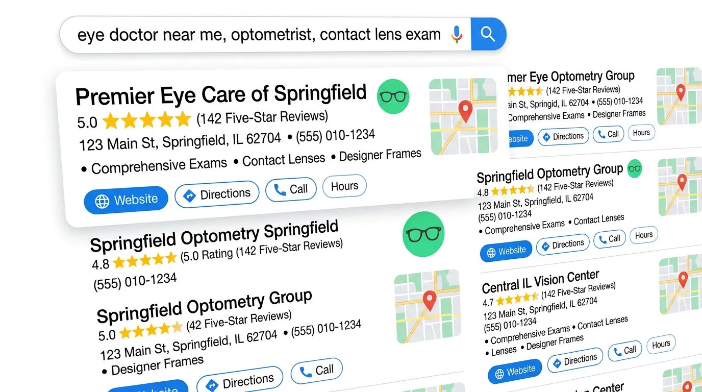 Optometry practice local search result for eye doctor near me with contact lens exam and 5 star reviews displayed