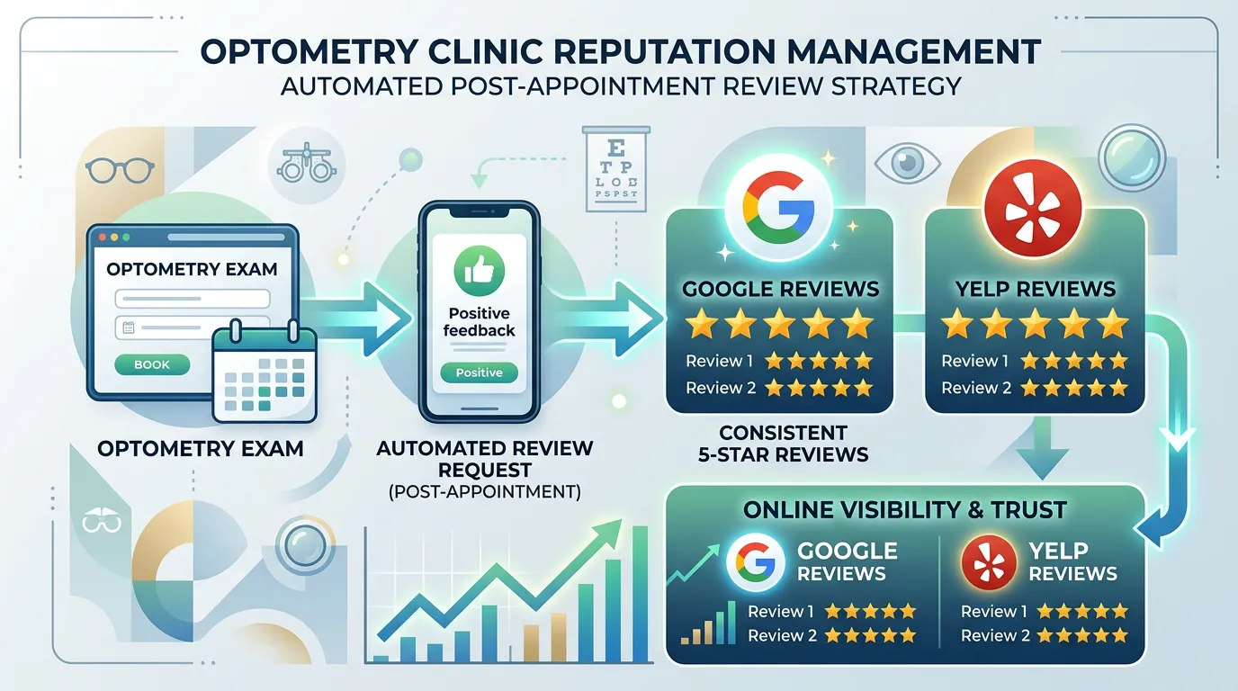 Optometry clinic automated review request after eye exam appointments generating consistent 5 star reviews