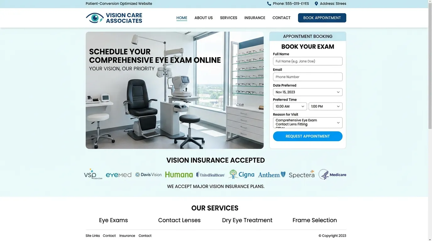 Optometry clinic appointment booking website showing eye exam scheduling and vision insurance accepted information