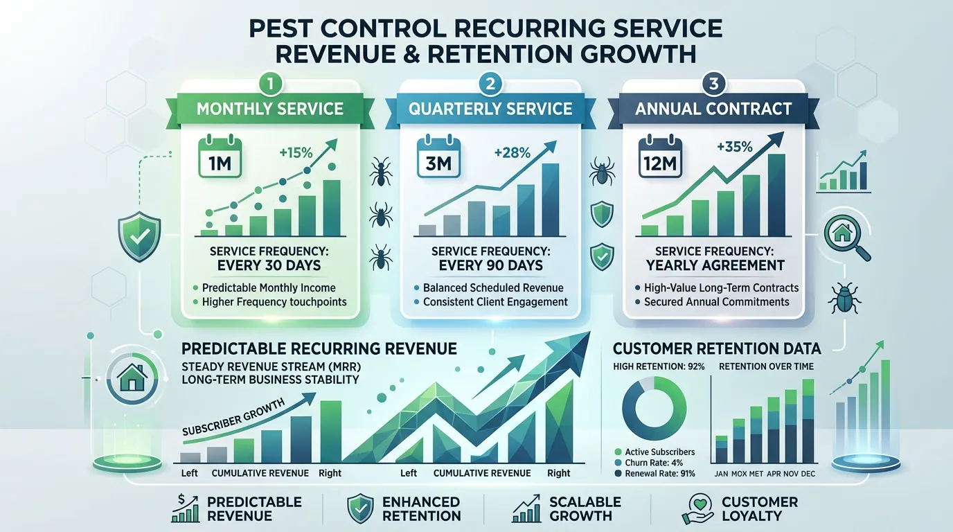 Pest control recurring service showing monthly quarterly and annual contract growth creating predictable revenue